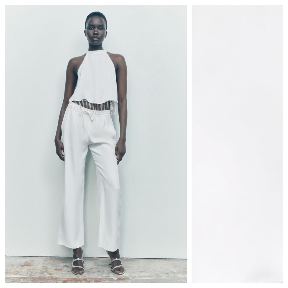 NWT. Zara White Fringed Cropped Halter Top. Size XS.